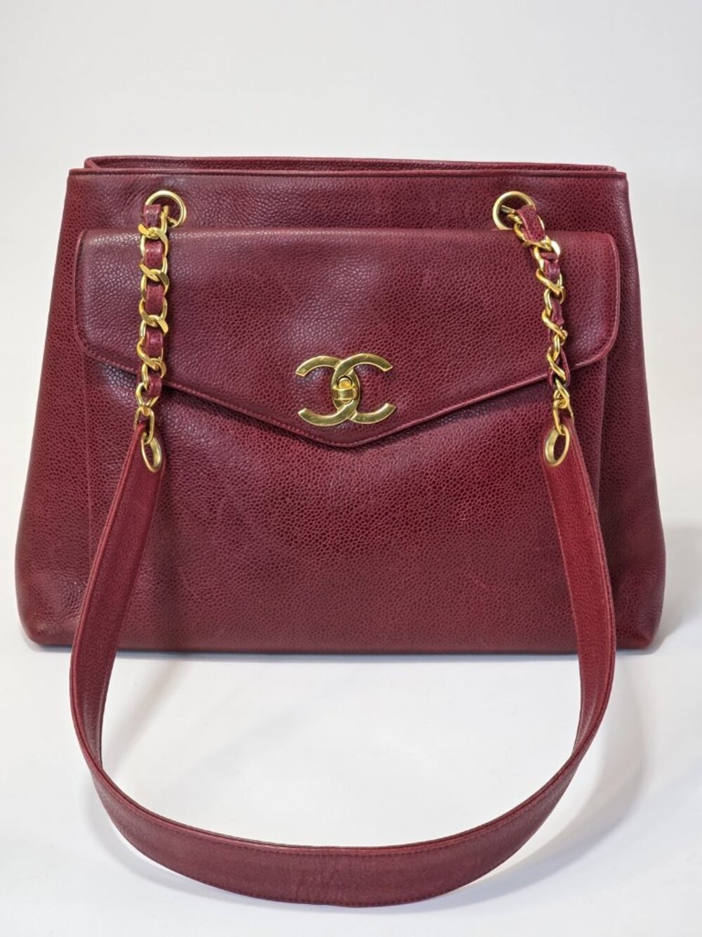 CHANEL Vintage Burgundy Cordovan Caviar 24K Gold CC Front Pocket Tote Bag